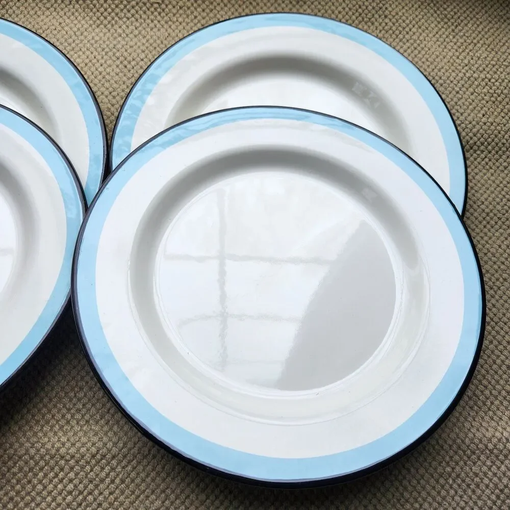 4 Hearth & Hand Magnolia Porcelain Enamel Round Dinner Plates Black Blue Trim
